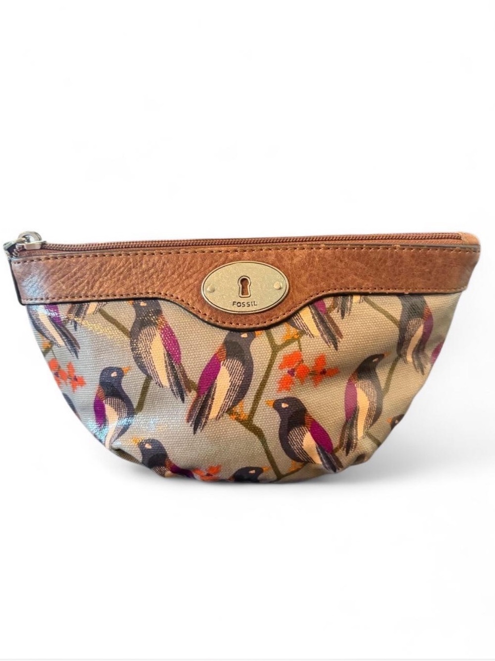 Fossil Bird Print Pouch in Tan & Purple